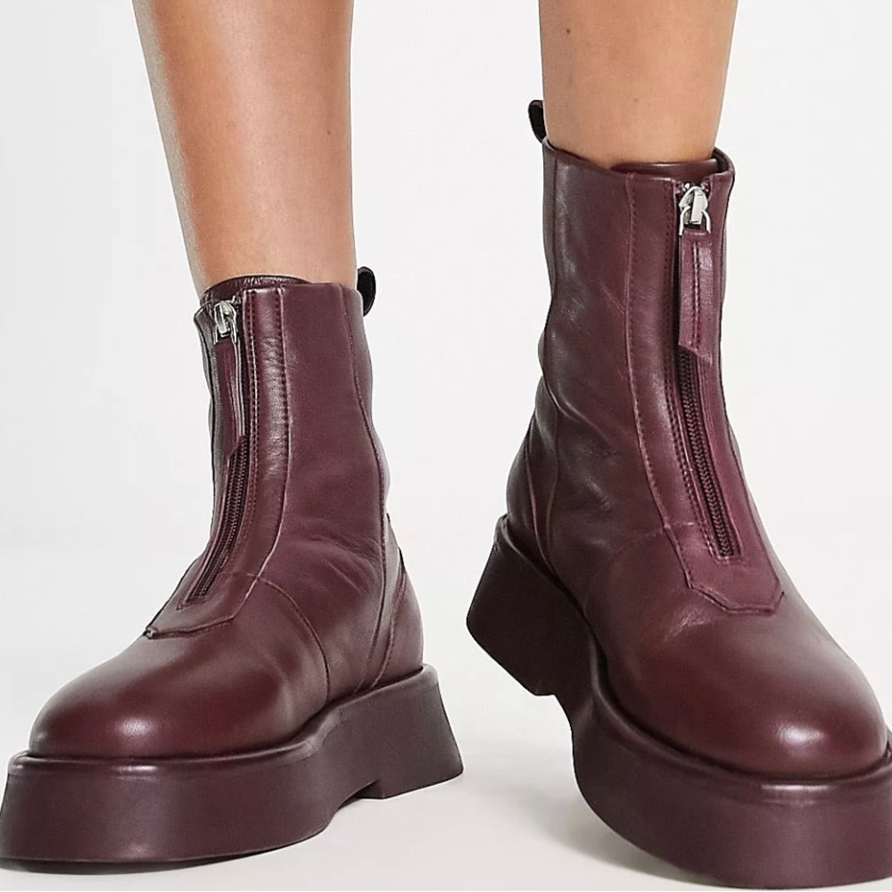 ASOS DESIGN Atlantis leather zip front boots in burgundy leather.